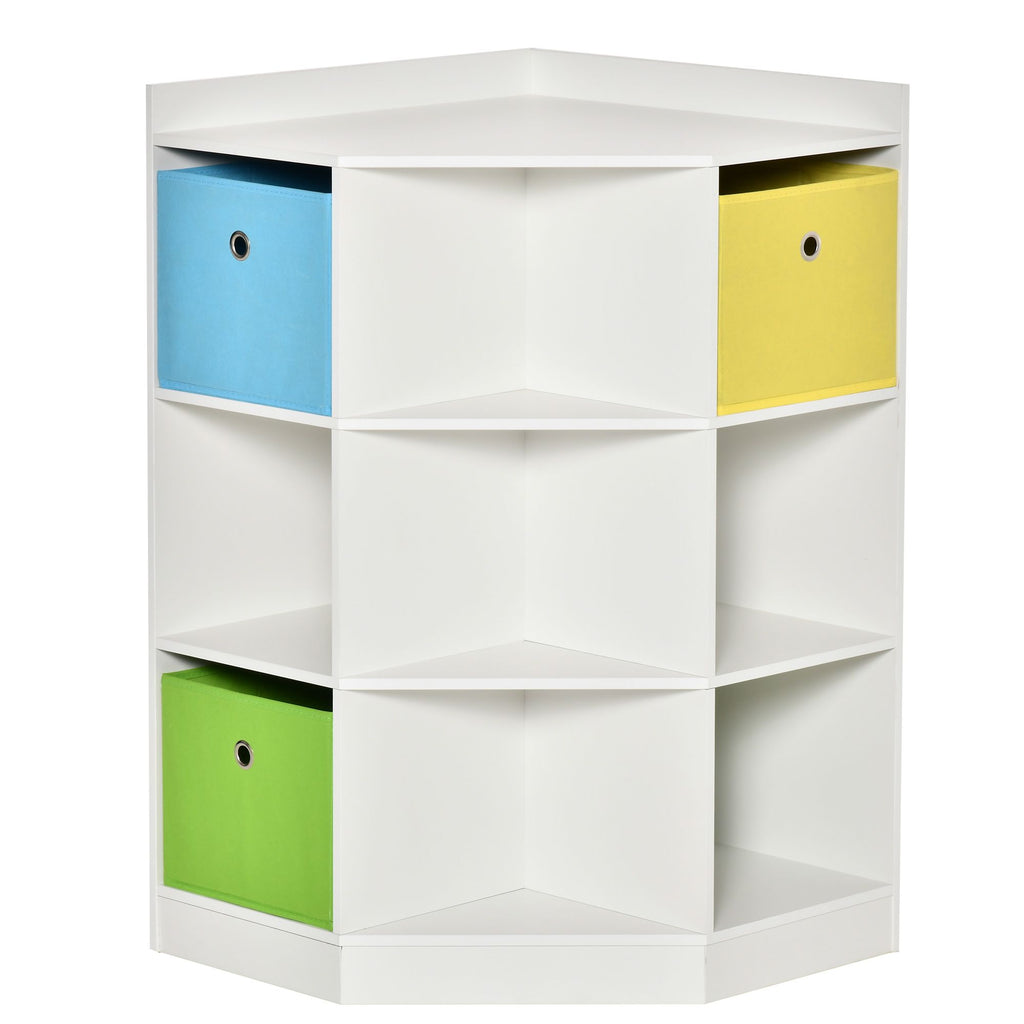 Kids Wardrobe in White, Wooden Corner Storage with Drawer, Clothes and Books Organizer, 9-Cubby Display Shelf for Bedroom