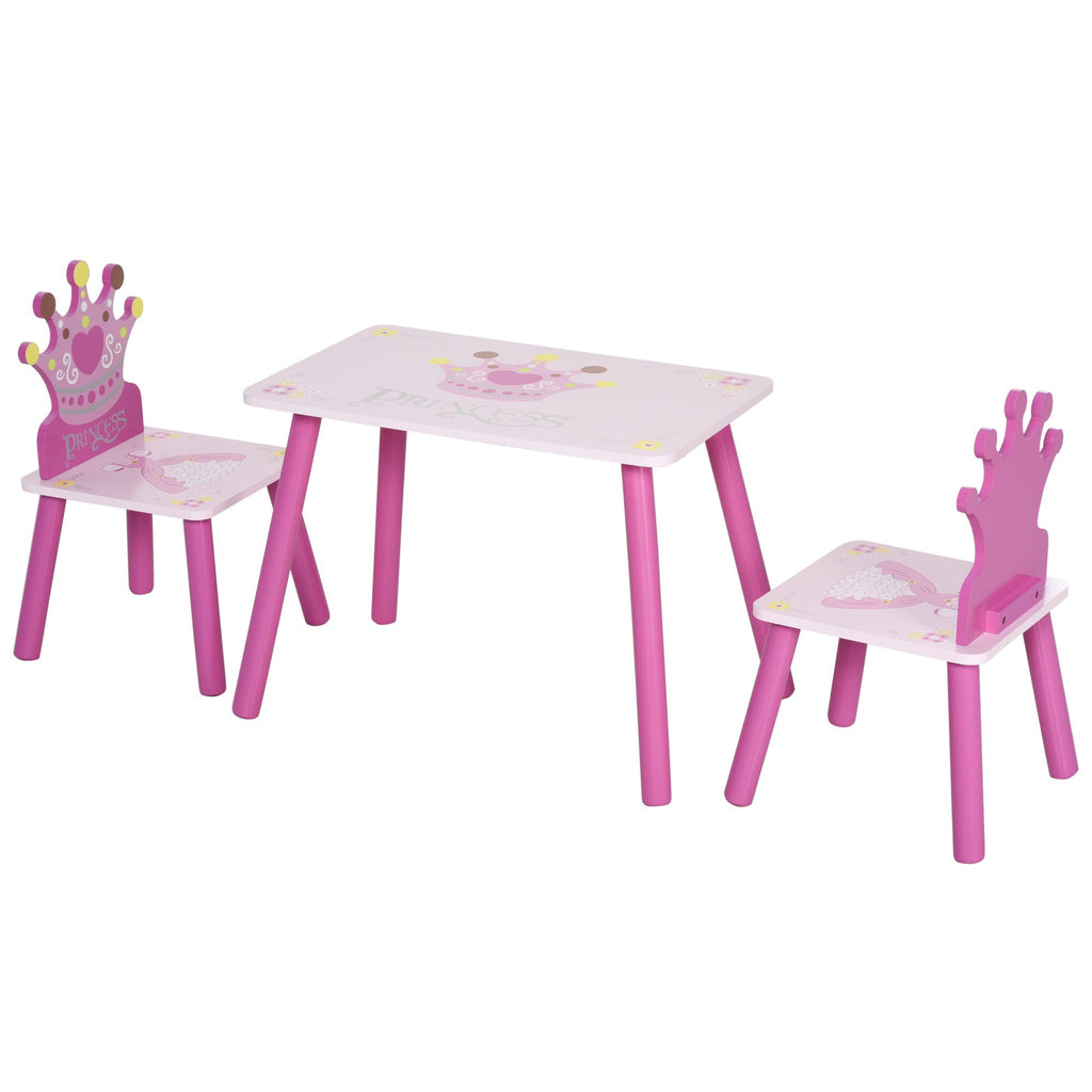 Kids Wood Table and Chair, 3-Piece Set with Crown Pattern, Charming Desk for Toddlers 3-8 Years, Princess-Themed Room, Pink