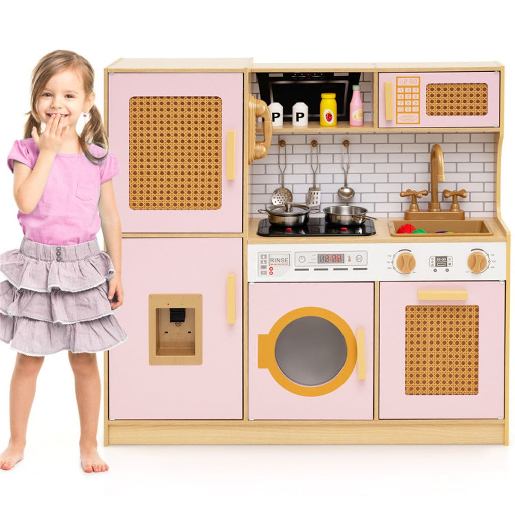 Kids Wooden Kitchen Playset 3+ with Fridge Sink Washing Machine with Realistic Light Sound Rattan Doors - Pink