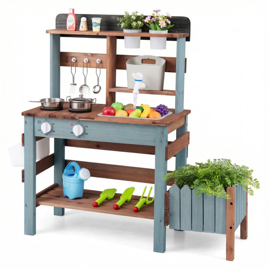 Kids Wooden Mud Kitchen Outdoor Play Set with Running Water Faucet, 15 Pcs Accessories Fir Wood Pretend Cooking & Gardening Sensory Toy