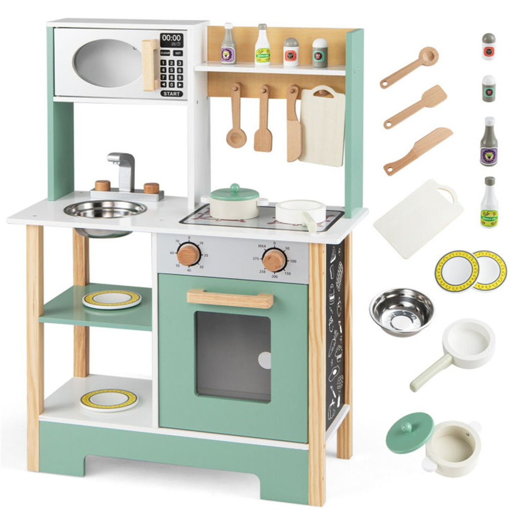 Kids Wooden Play Kitchen with 13 Accessories, Pretend Cooking Set with Chalkboard for 3+, Green+White