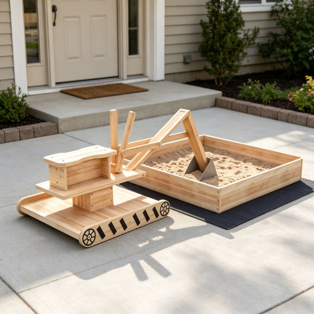 Kids Wooden Sandbox with Digger And 360 Rotating Seat Bottom Liner Included 72" x 35" x 22"