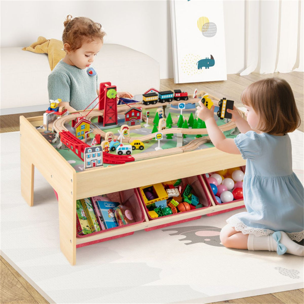Kids Wooden Train Table with 94PCS Accessories, 2 Reversible Tabletops & 3 Fabric Storage Drawers for Ages 3+