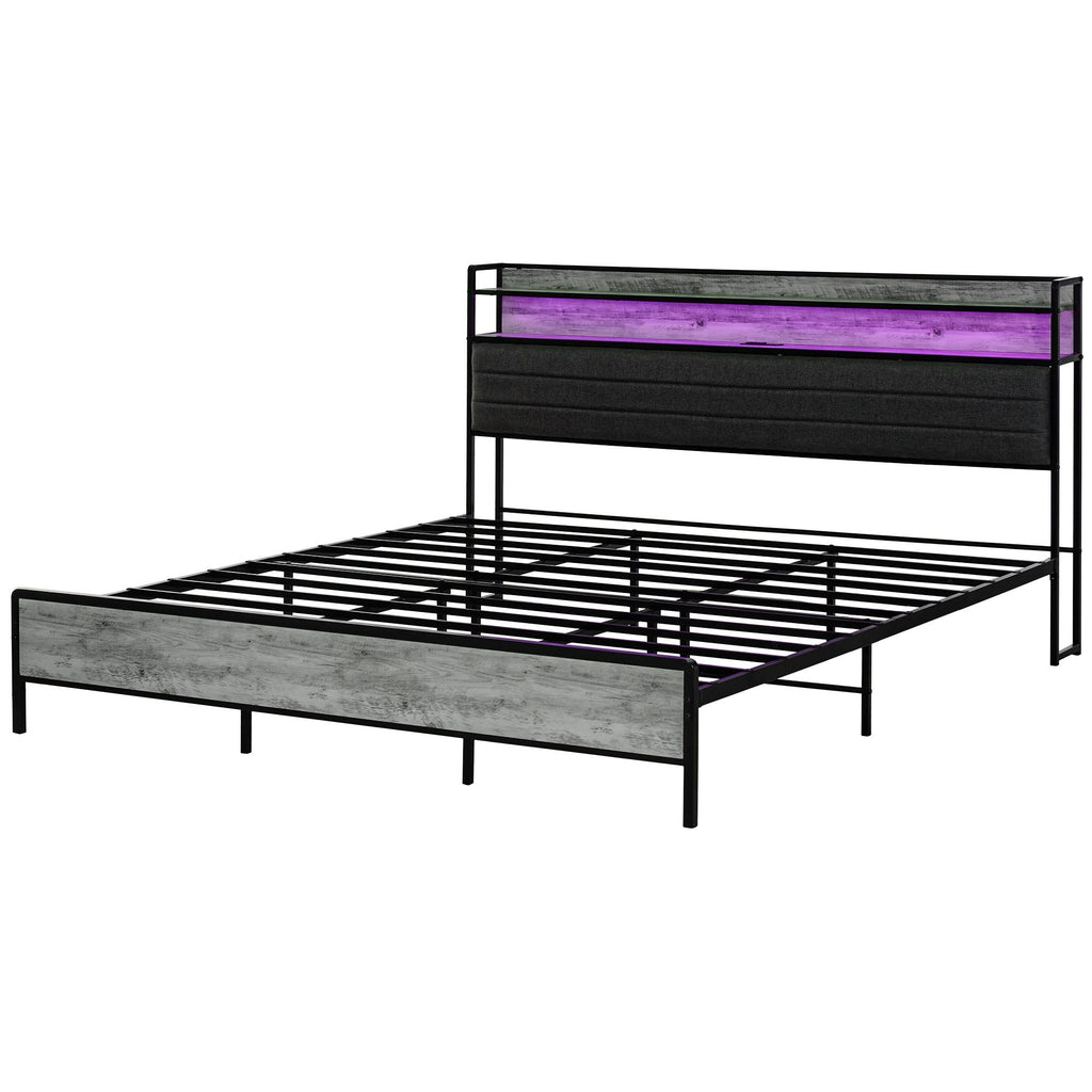 King Bed Frame with Storage Upholstered Headboard, King Size Bed Frame with LED Lights, Charging Station, Cement Gray