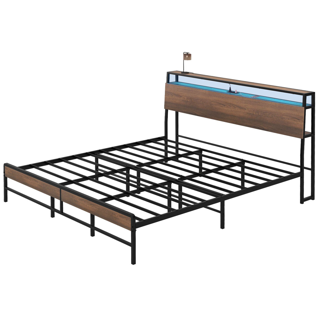 King Size Bed Frame with LED Lights and Charging Station, King Bed Frame with Storage Headboard, Noise-Free, Walnut