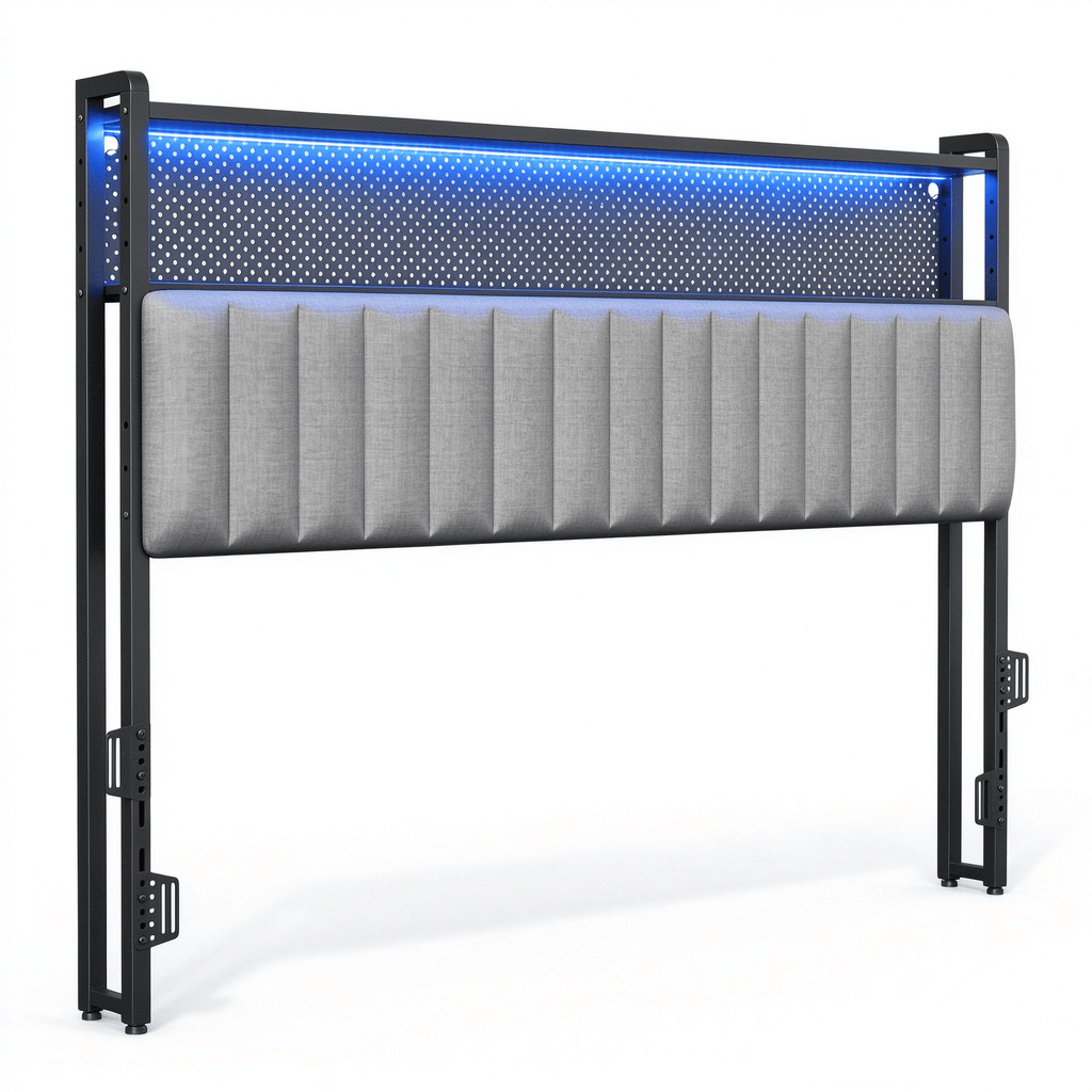 King Size Headboard with Pegboard Storage Shelf, Adjustable Upholstered Backrest, RGB LED Light Strip & Charging Station, Black Metal Frame, Dark Gray Linen