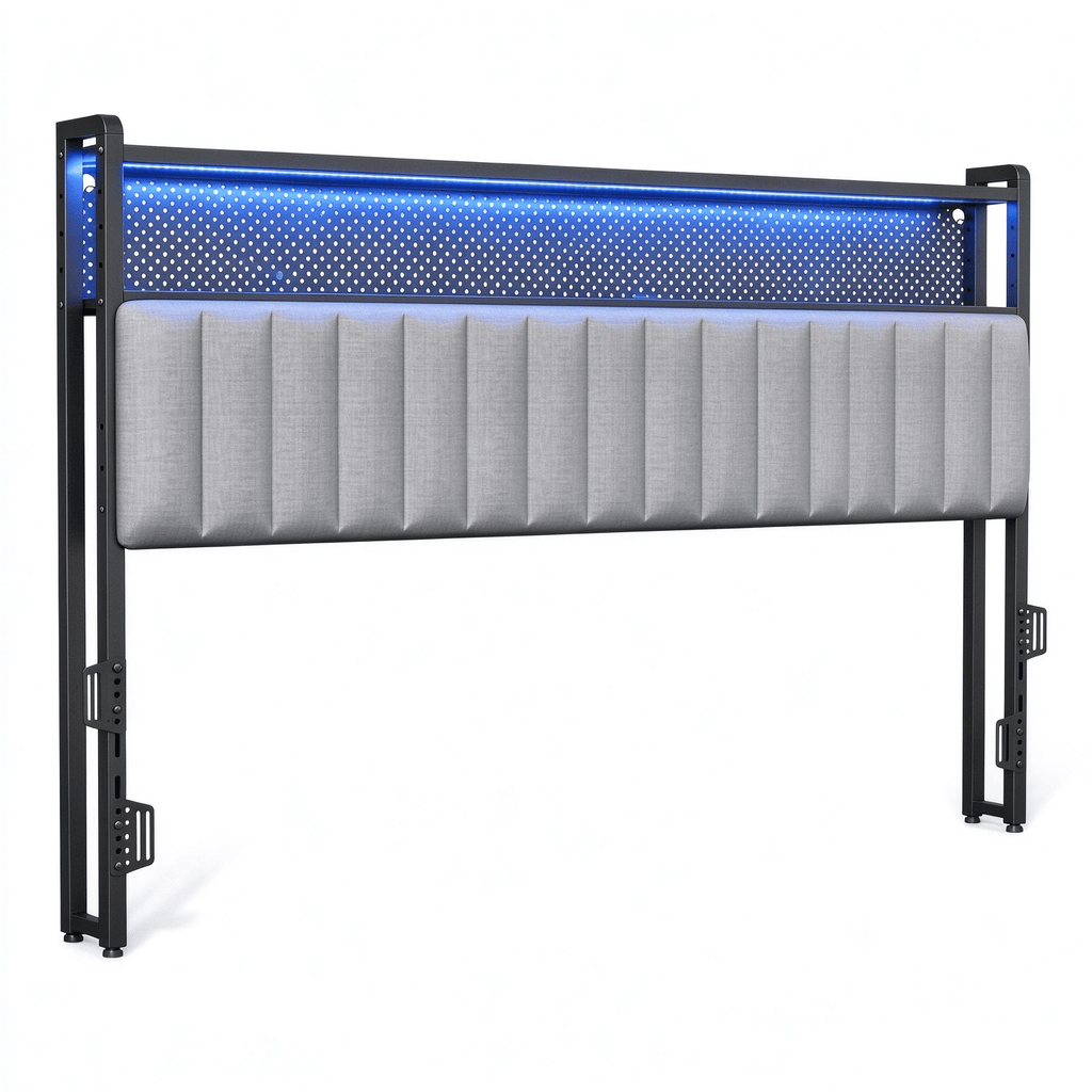 King Size Headboard with Pegboard Storage Shelf, Adjustable Upholstered Backrest, RGB LED Light Strip & Charging Station, Black Metal Frame, Light Gray Linen