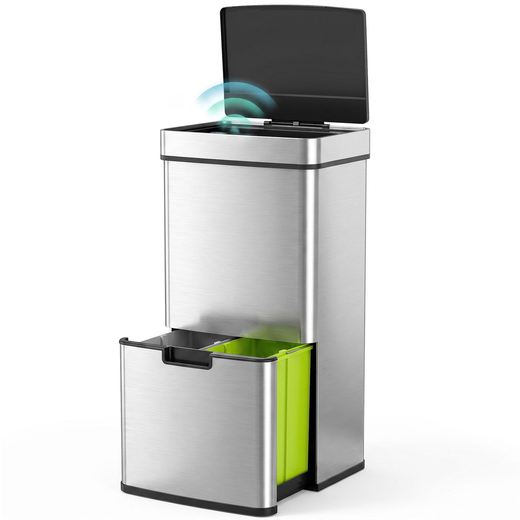 Kitchen Bin 3 Compartments Motion Sensor Trash Can Infrared Lid Stainless Steel 19 Gal Silver