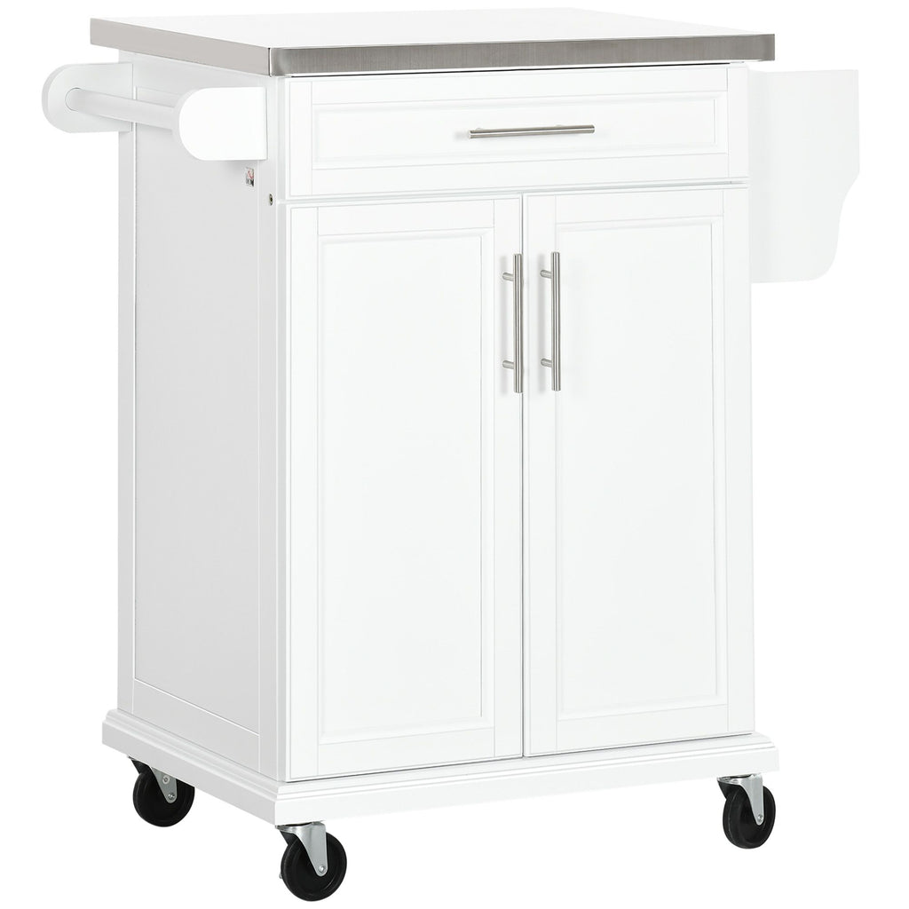Kitchen Cart on Wheels, White, with Stainless Steel Countertop, Drawer, Towel & Spice Rack