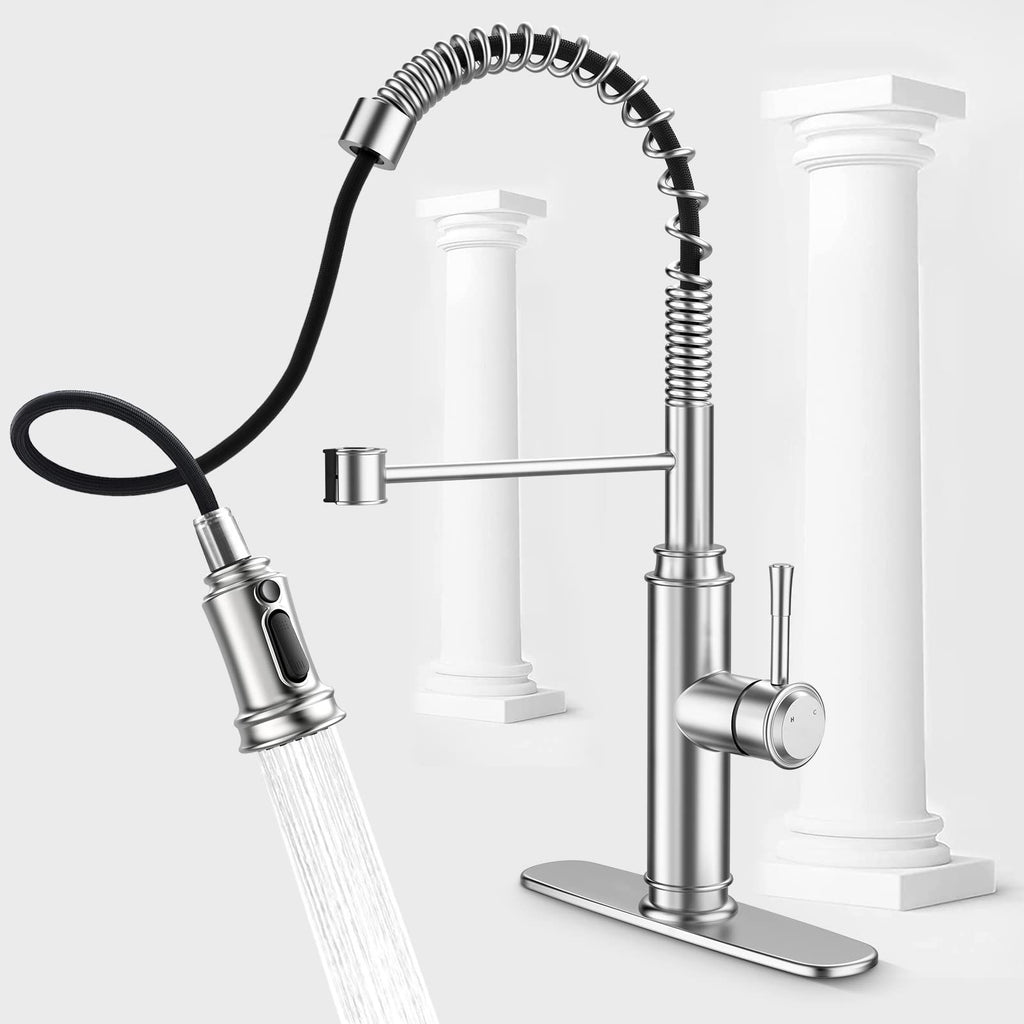 Kitchen Faucet - Spring Kitchen Sink Faucet with 3 Modes Pull Down Sprayer, Single Handle&Deck Plate for 1or3 Holes, 360° Rotation[Unable ship weekends, TK/TEMU only for pickup] ship o
