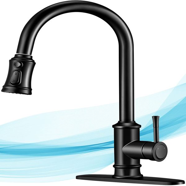 Kitchen Faucet- 3 Modes Pull Down Sprayer Kitchen Tap Faucet Head; Single Handle&Deck Plate for 1or3 Holes; 360° Rotation; Stainless Steel No Lead for RV Bar Home ; Black