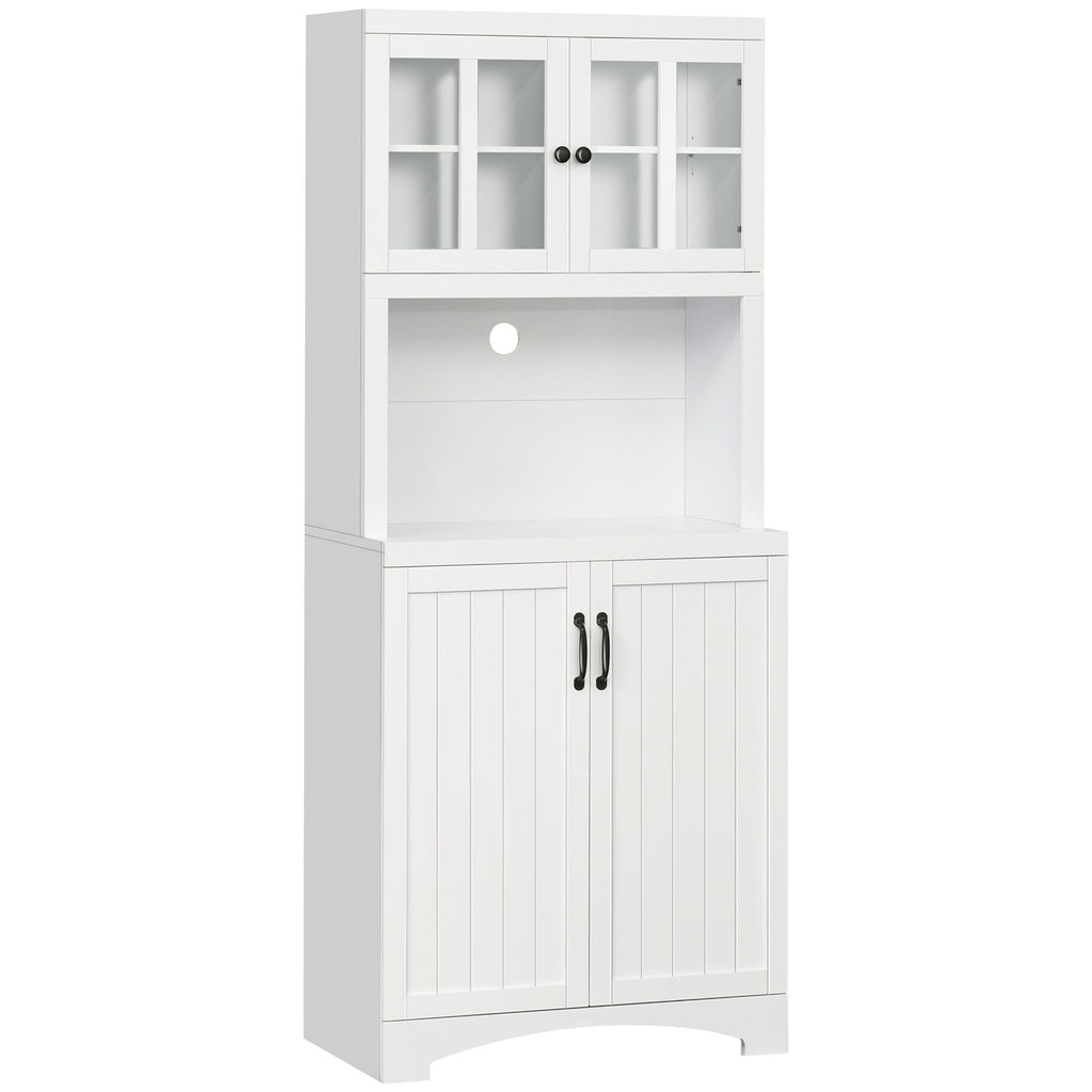 Kitchen Hutch White Pantry Cabinet with Glass Framed Door and Microwave Space Adjustable Shelves for Dining Room