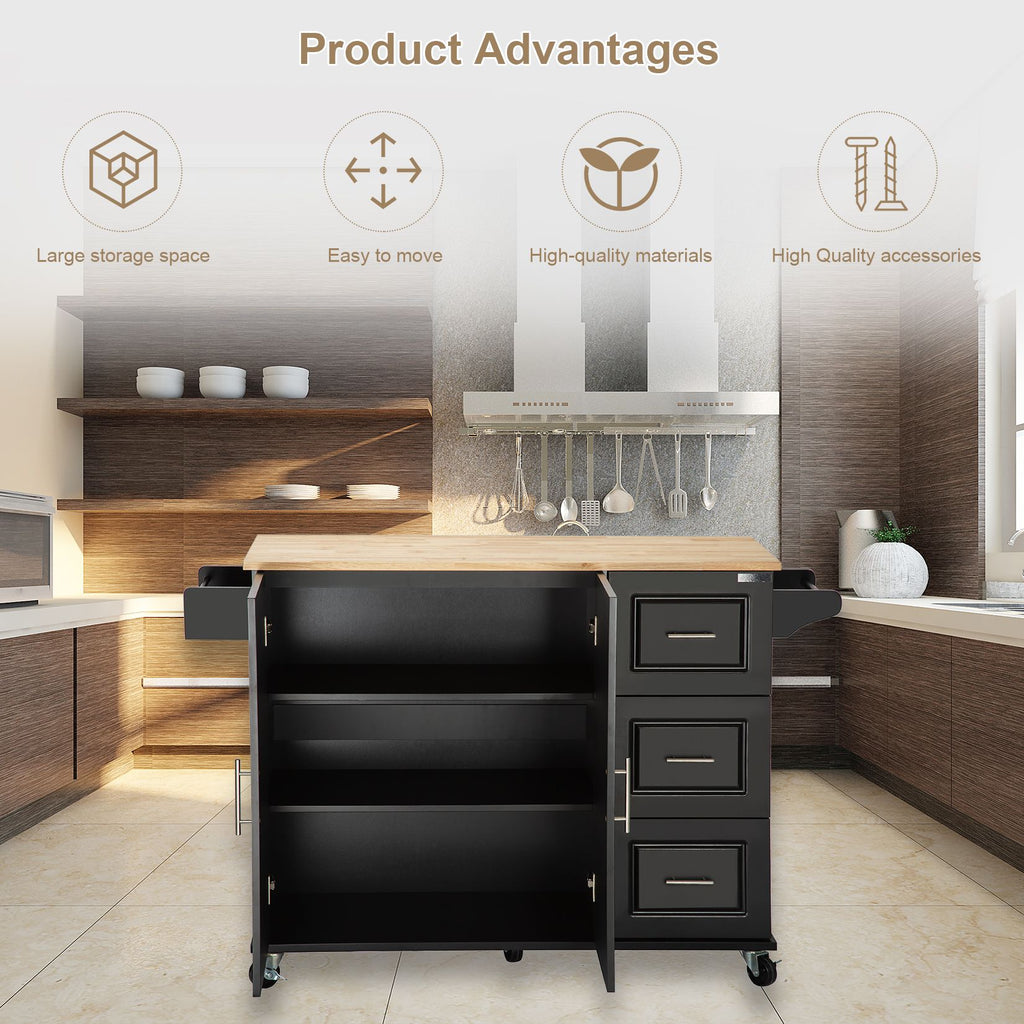 Kitchen Island & Kitchen Cart, Mobile Kitchen Island, Rubber Wood Top, Big & Adjustable Shelf Inside Cabinet for Different Utensils, Luxury Design Fits Party at Different Site.
