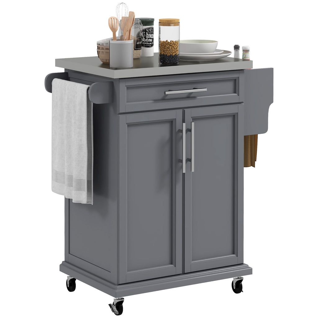 Kitchen Island on Wheels, Gray, with Drawer, Stainless Steel Top, Utility Cart with Towel & Spice Rack