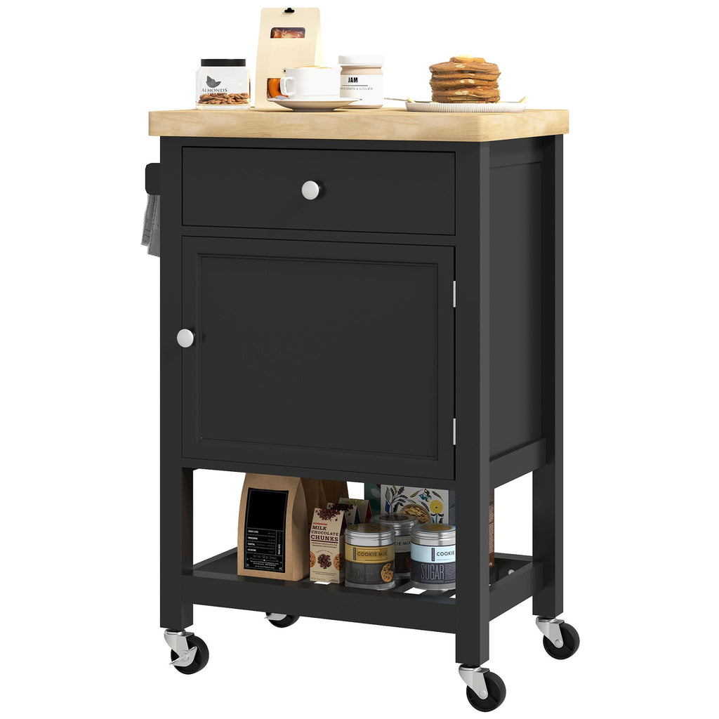 Kitchen Island on Wheels, Rolling Kitchen Cart with Rubberwood Top, Drawer, Wine Rack and Cabinet, Black