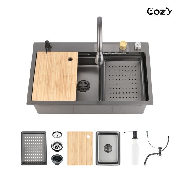 Kitchen Sink 30" x 22" Multifunctional Overmount Flying Rain Waterfall S304 Stainless Steel Handmade Modern Single Bowl Kitchen Sink Black[Unable to ship on weekends]