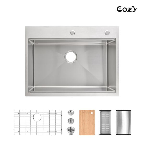 Kitchen Sink 30" x 22" Multifunctional Overmount Workstation Kitchen Sink S304 Stainless Steel Handmade Modern Single Bowl Kitchen Sink Nano gray[Unable to ship on weekends]
