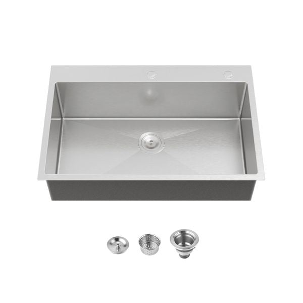 Kitchen Sink, 33″x22″ Single Bowl, Overmount Handmade Sink in Brushed Nickel, with US Standard Drain and Hook[Unable to ship on weekends,usps/fedex]