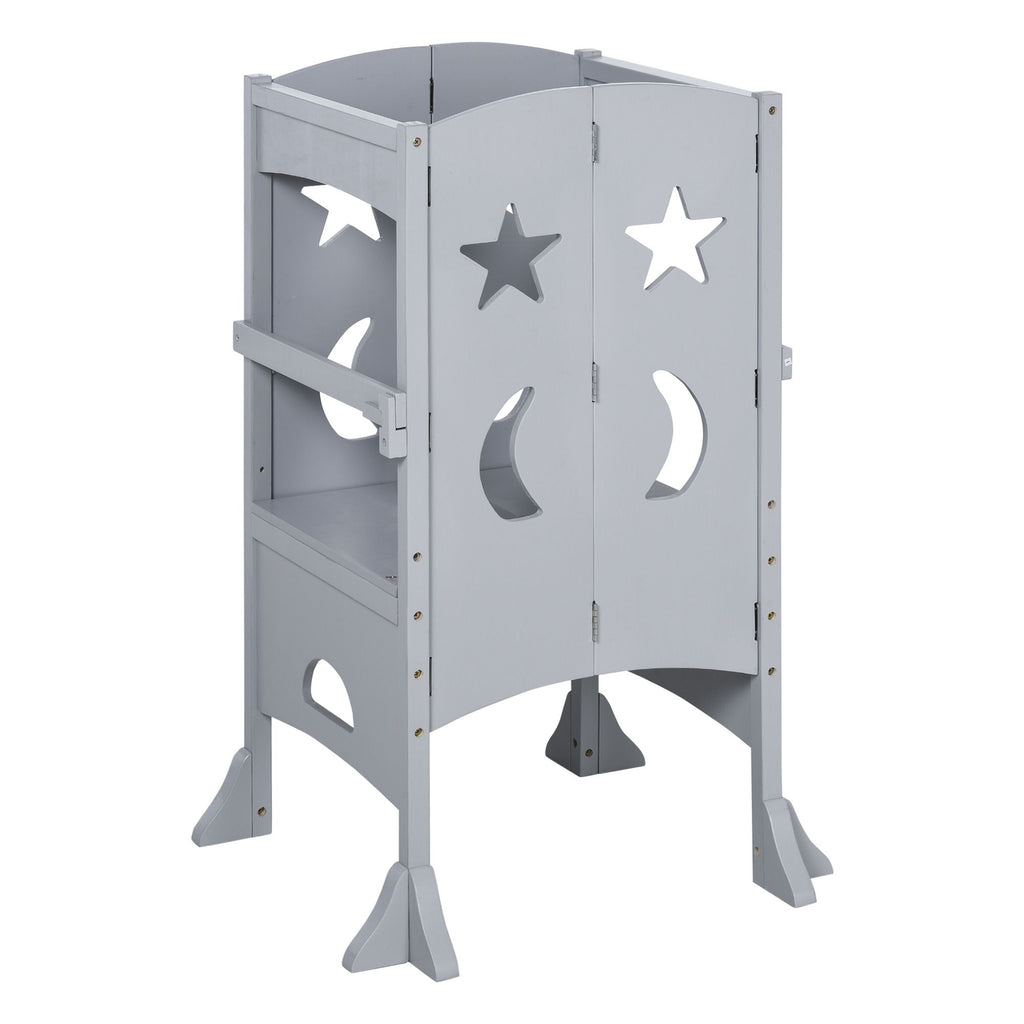 Kitchen Step Stool for Toddler, Foldable Learning Tower, Children Folding Kitchen Helper with Support Handles & Safety Rail, Gray