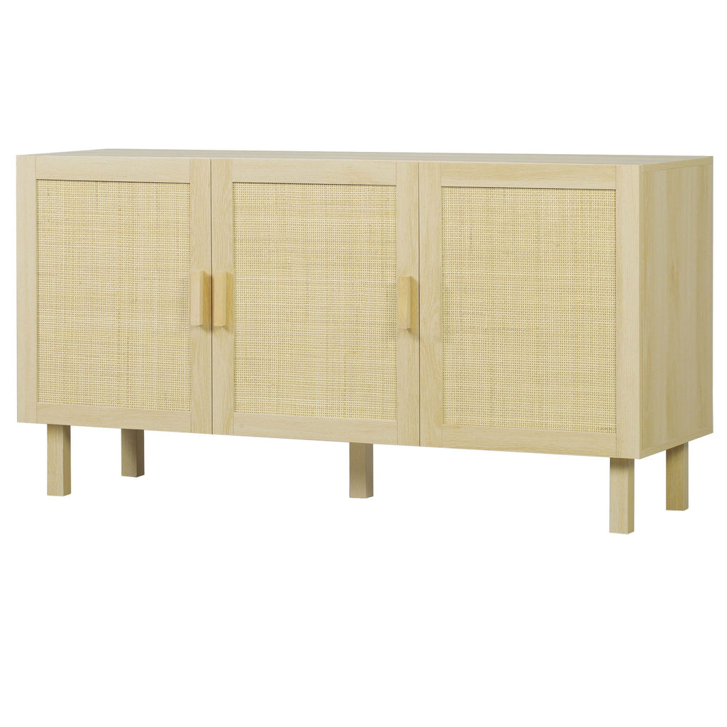 Kitchen Storage Cabinet, Garage Cabinets with 3 Rattan Doors and Adjustable Shelves, Boho Accent Cabinet for Living Room, Natural