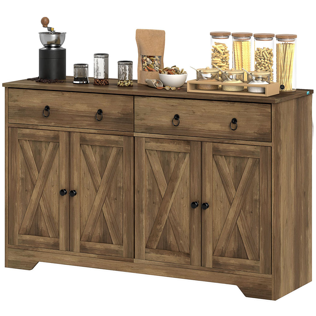 Kitchen Storage Sideboard, Farmhouse Buffet Cabinet with Barn Style Doors, Drawers, Adjustable Shelves, Light Brown