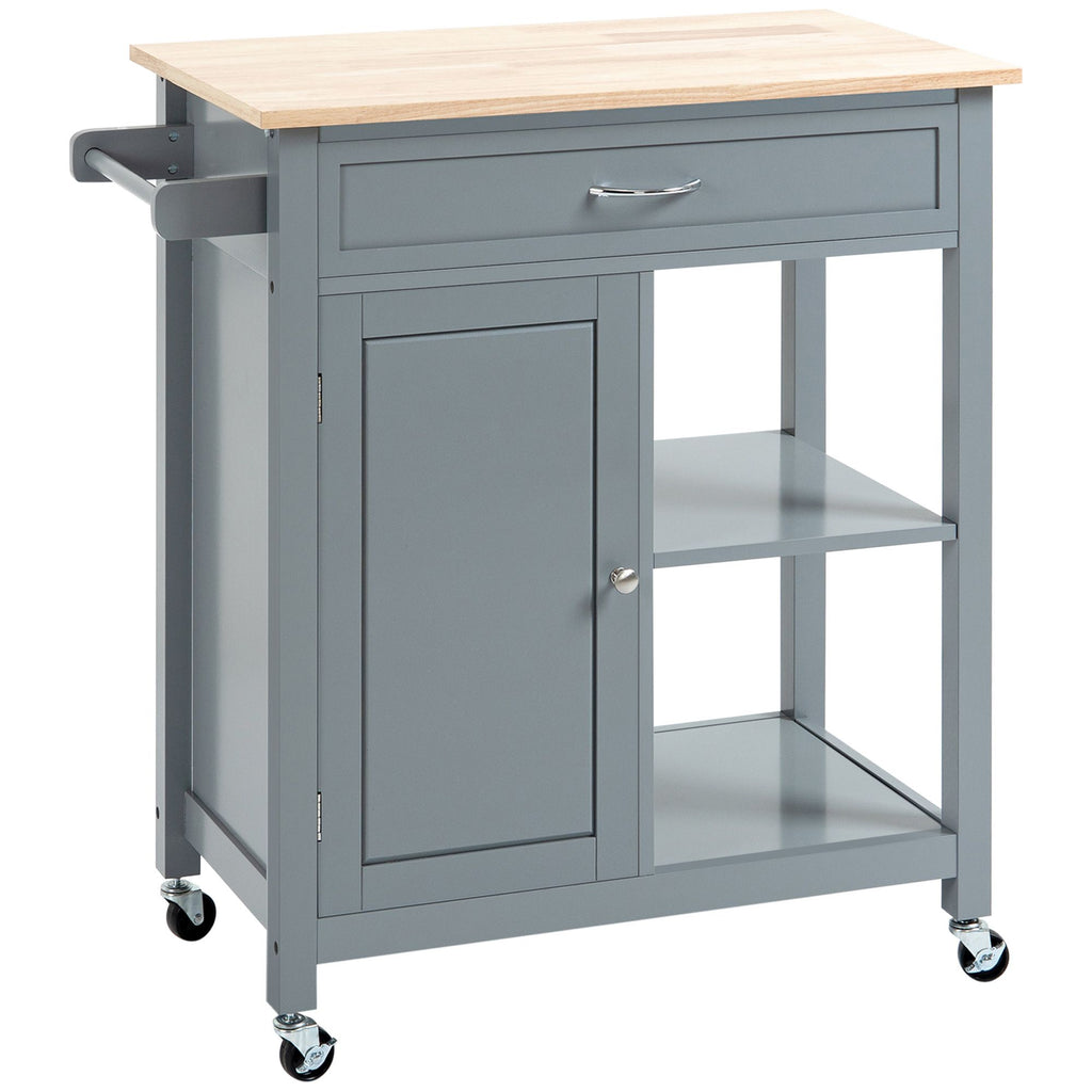 Kitchen Utility Trolley, Gray, with Wood Top, Open Shelf & Drawer