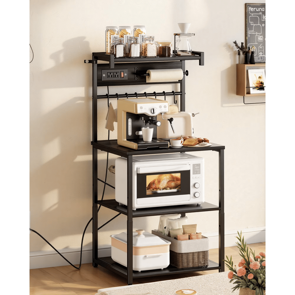 KitchenBakers Rack with Power Outlet, 4.6ft Cable, 23.6" Wide with Sturdy X-Shaped Support, 8 Hooks, andStoragefor Dishes, Spices, and Coffee Essentials