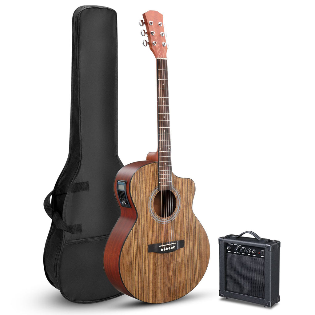 KMA201 41-inch walnut top acoustic guitar with matte binding, comes with a 15W amplifier, bag, tuner, strings and other accessories, natural wood color.