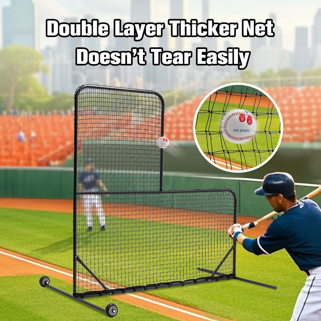 L-Shaped Baseball Net for Batting Cages, Baseball Pitching Net with Wheels - 84''H x 84''W, with 42'' x 42'' Cutouts,include Carry Bag