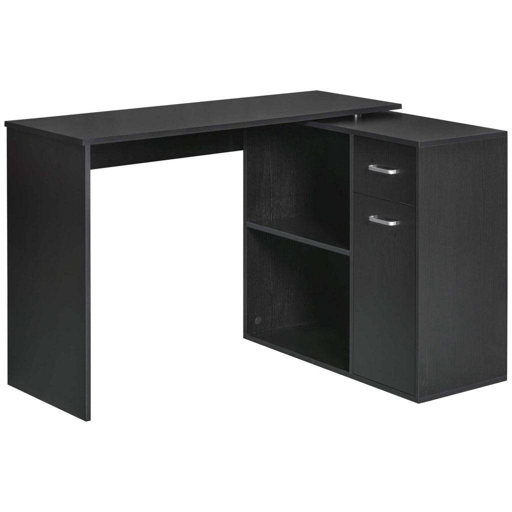 L-Shaped Black Computer Desk with Rotating Shelves and Drawer Home Office Workstation