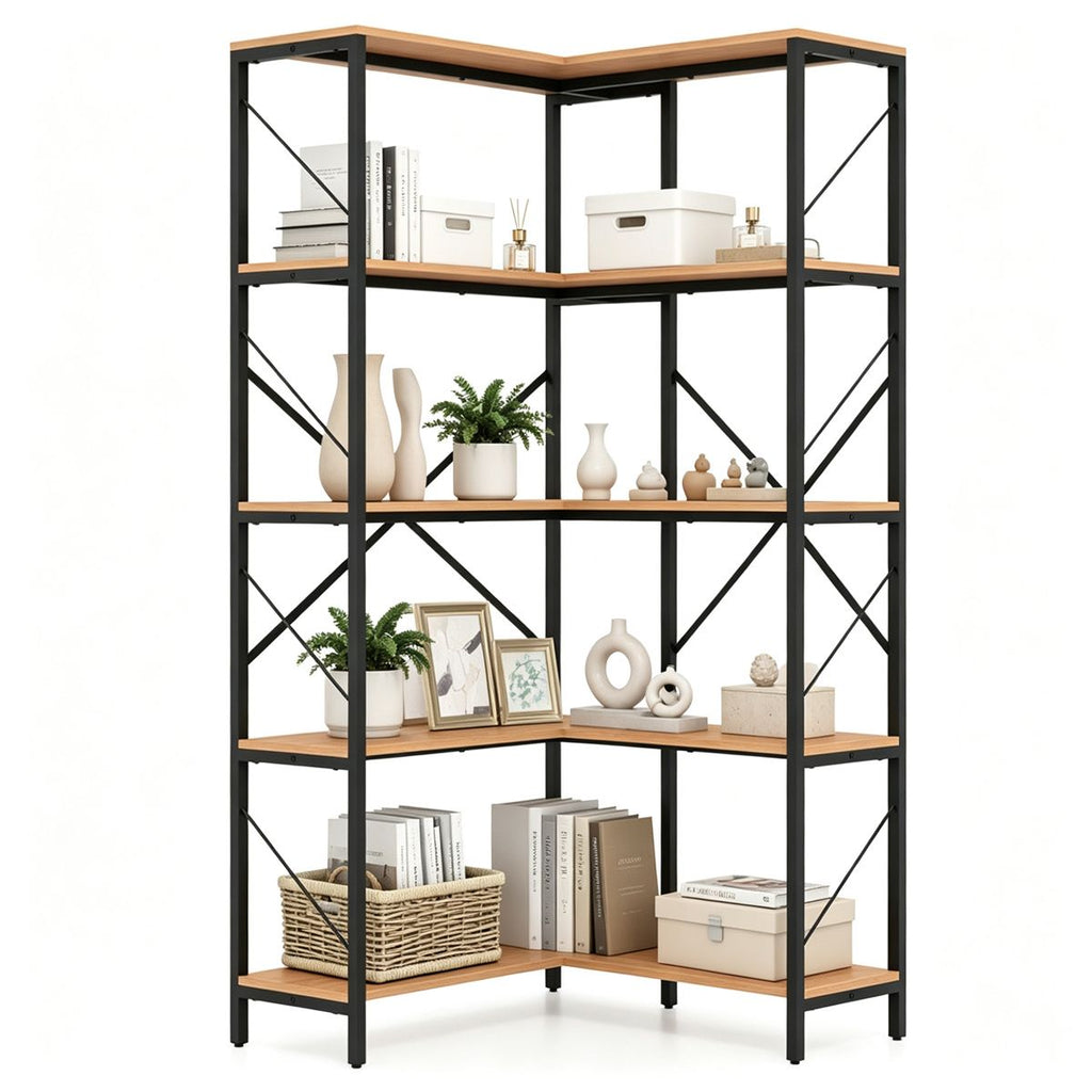 L-Shaped Corner Bookshelf, 5-Tier Industrial Open Storage Shelf with Metal Frame, X-Shaped Reinforced Display Rack with Anti-Tip Kits & Adjustable Foot Pads for Living Room Study Office Kitchen