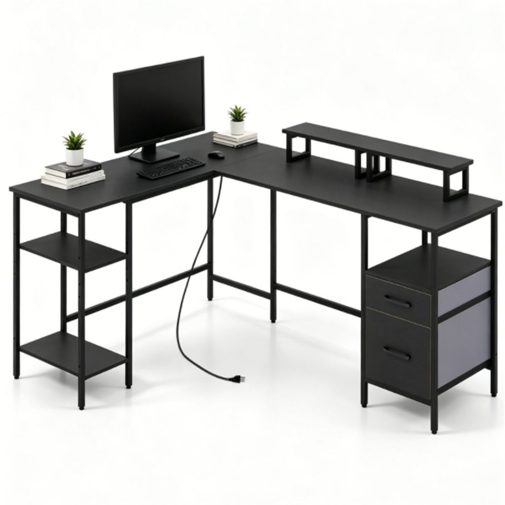 L-Shaped Corner Desk with Charging Station, Reversible Monitor Stand & Foldable Fabric Drawers, 4-Position Adjustable Shelf Computer Desk for Home Office Gaming