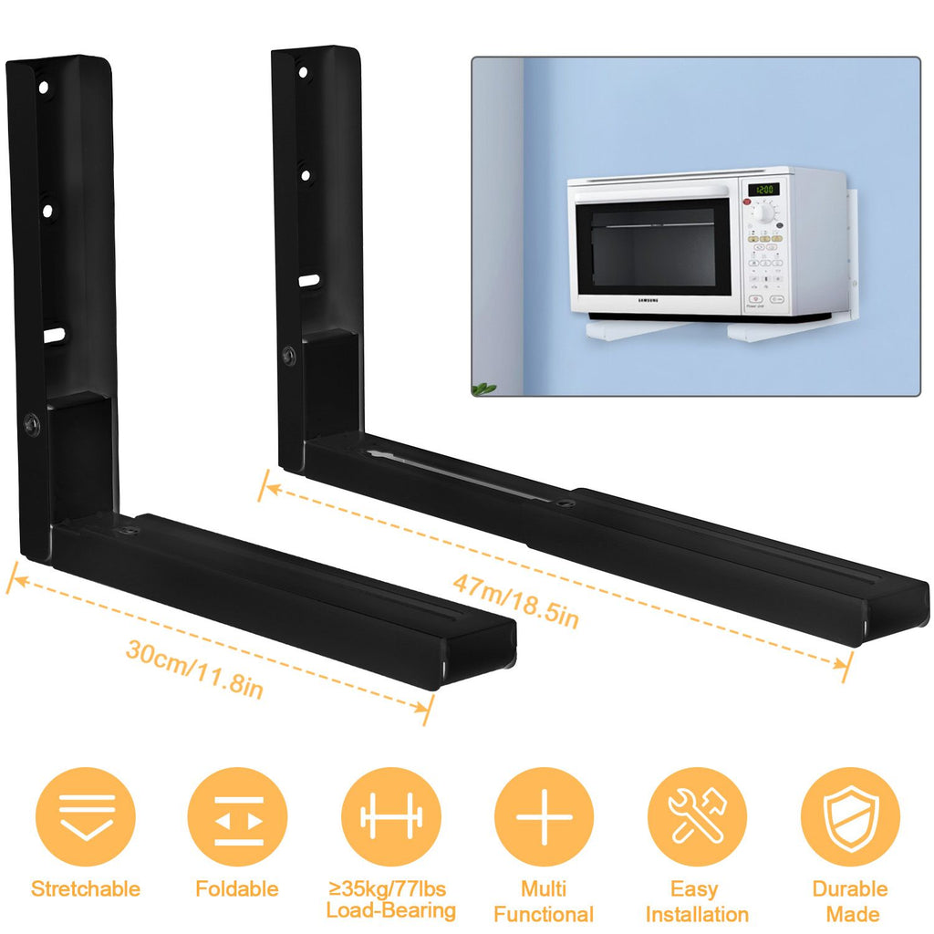 L-Shaped Microwave Wall Mount Shelf, Rust Resistant Carbon Steel Bracket with 35KG Weight Capacity, Easy Installation Adjustable Floating Holder for Home Office--Black