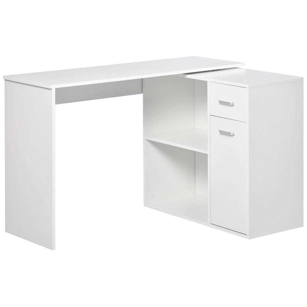 L-Shaped White Computer Desk with Rotating Shelves and Drawer Home Office Workstation
