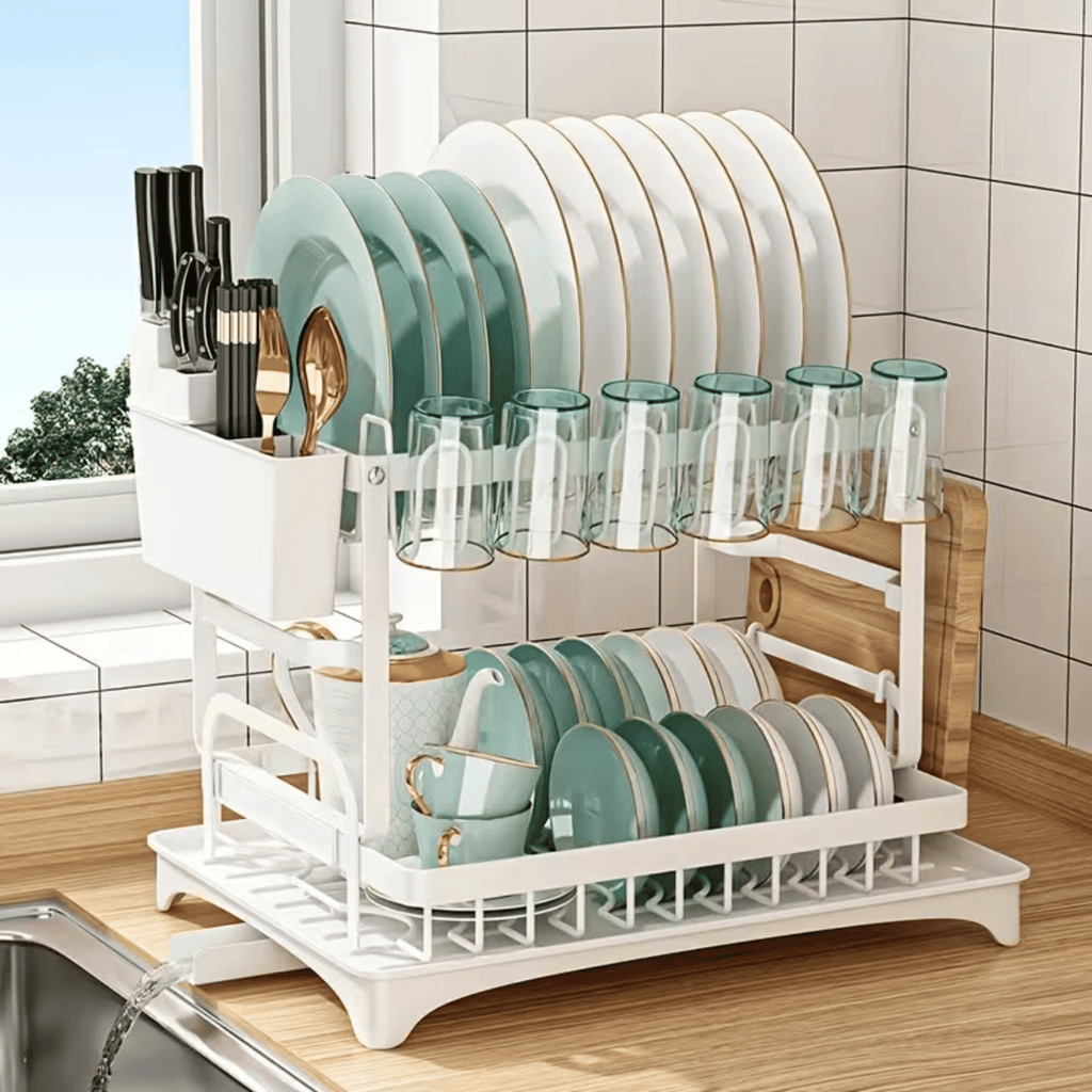 Large 2-Tier Dish Drying Rack with Drip Tray and Drainage Device,KitchenCounter Dish DrainerforPlates, Knives, Cups and Cutting Boards