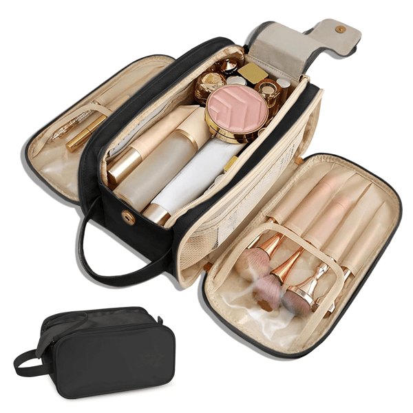 Large Capacity Cosmetic Organizer ,Travel Makeup Bag Organizer, Large Capacity Toiletry Bags for Traveling, Flat Open Waterproof PU Leather Cosmetic Bag with Compartments and Handles