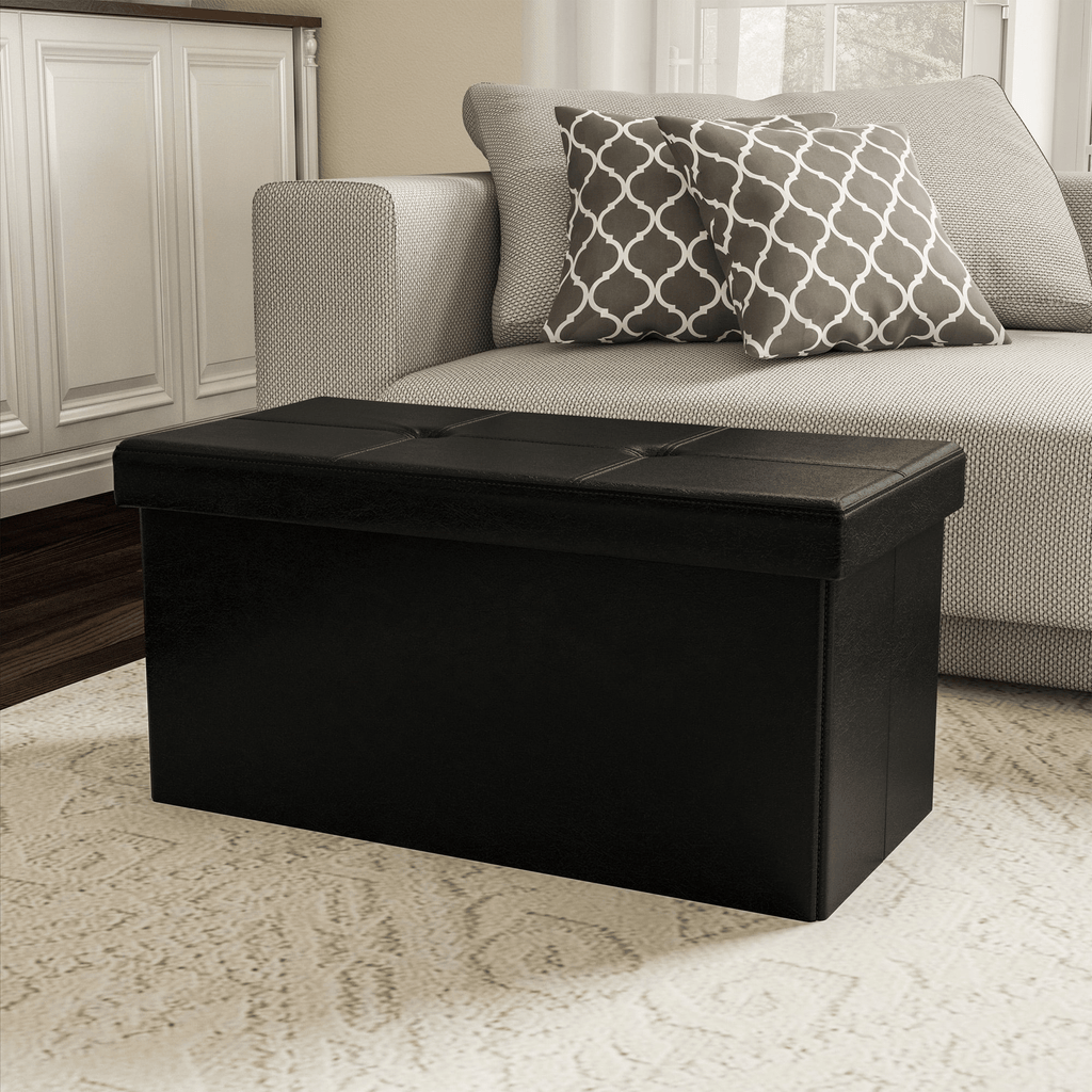 Large FoldableStorageBench Ottoman ? Tufted Faux Leather Organizer (Black)