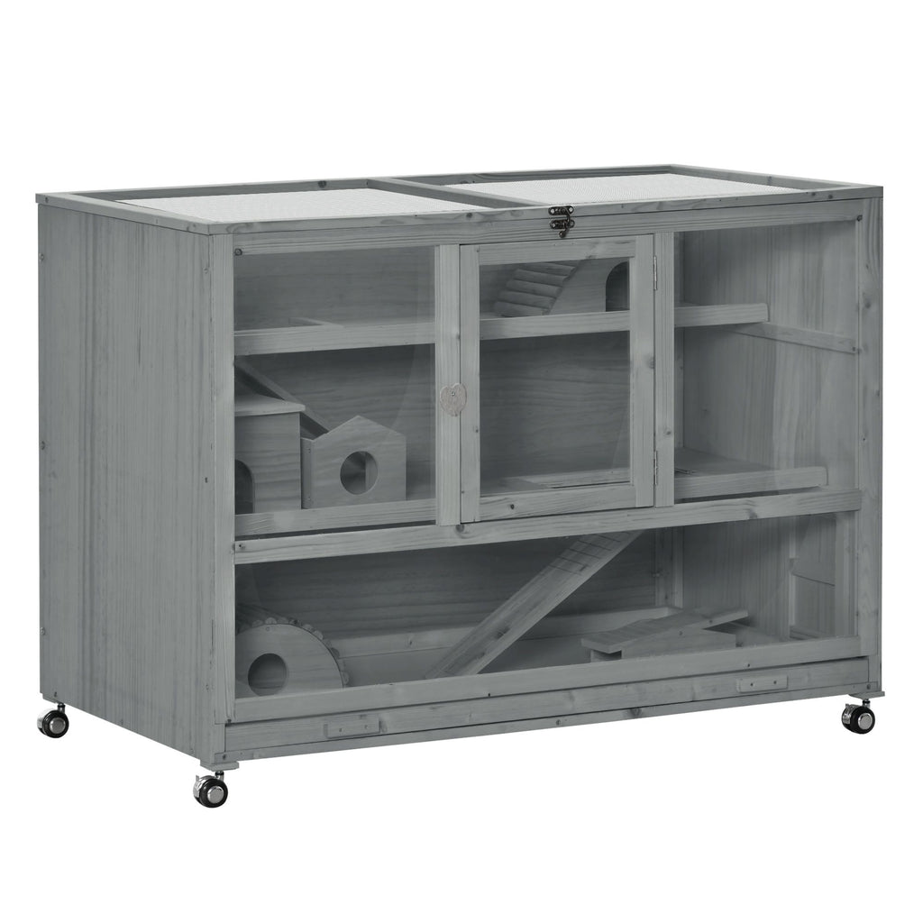 Large Hamster Cage with Seesaw, Wooden Small Animal Hutch and Habitat with Wheels, 3-Tier Activity Center with Ladder, Dark Grey