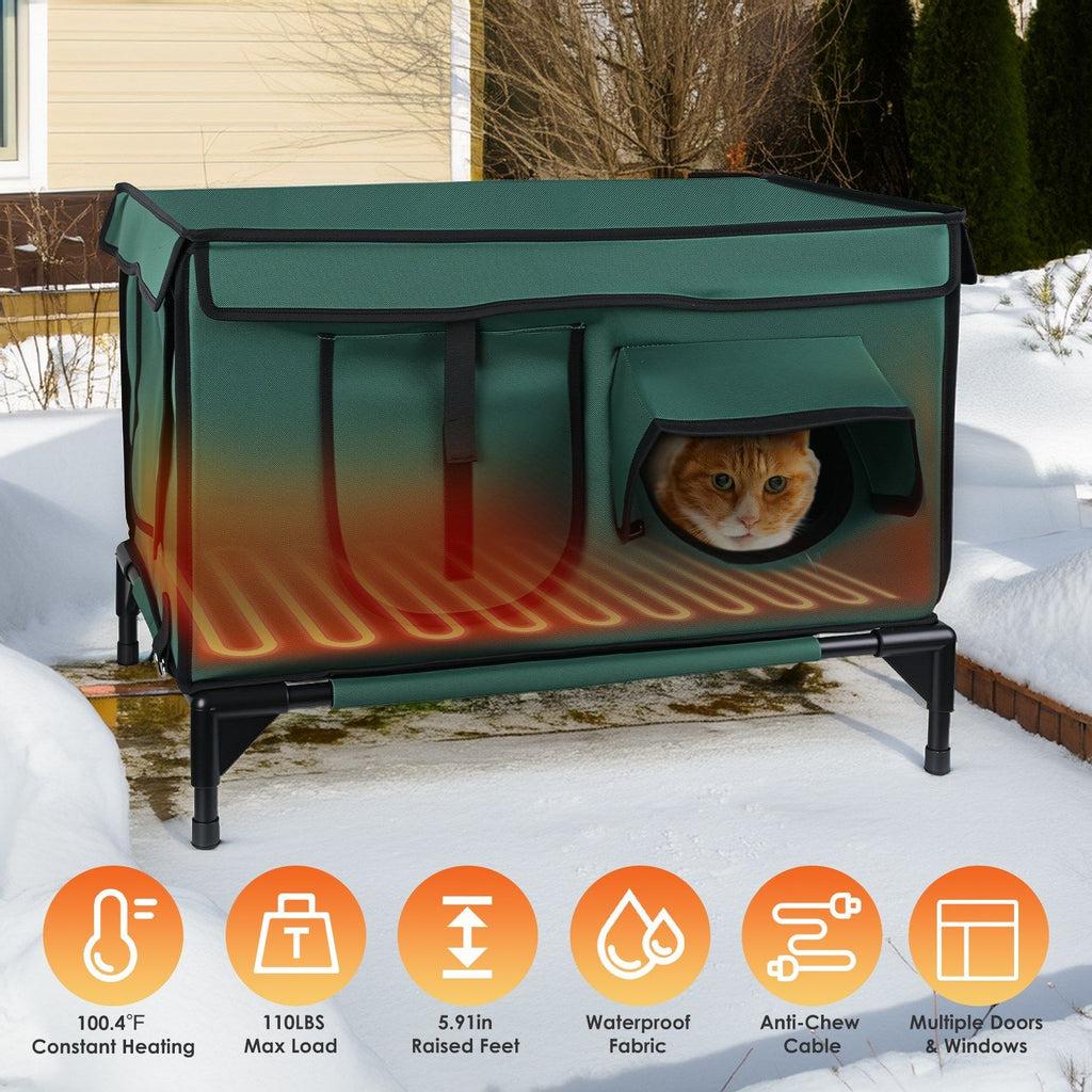 Large Heated Cat House for Outside,Outdoor Heated Pet Shelter for Cats, Constant Temperature Heating Pad, Raised Feet, Closable Doors & Mesh Windows, Weather Resistant Cat House with Ground Stakes