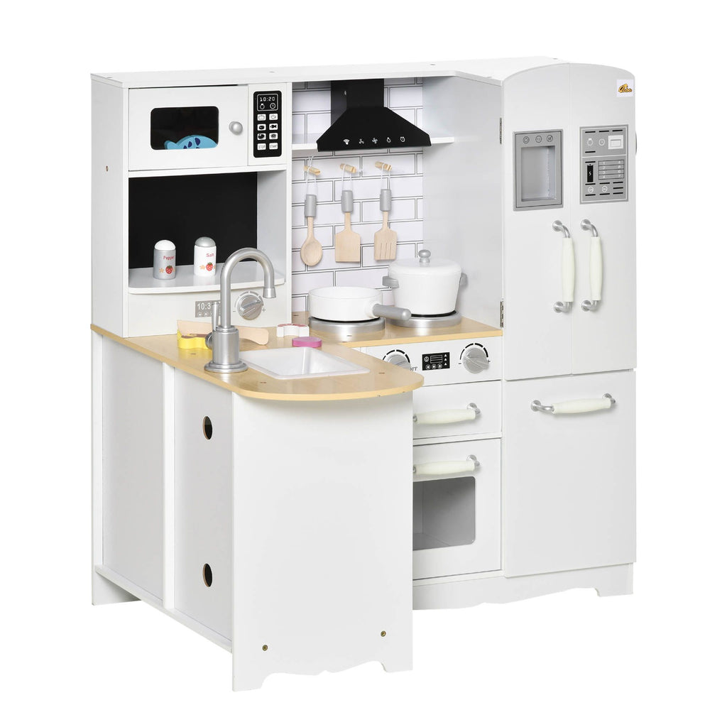 Large Kids Kitchen with Set, Pretend Wooden Cooking Toy Set with of Sound Effect, Microwave, Refrigerator, Simulation Faucet, White