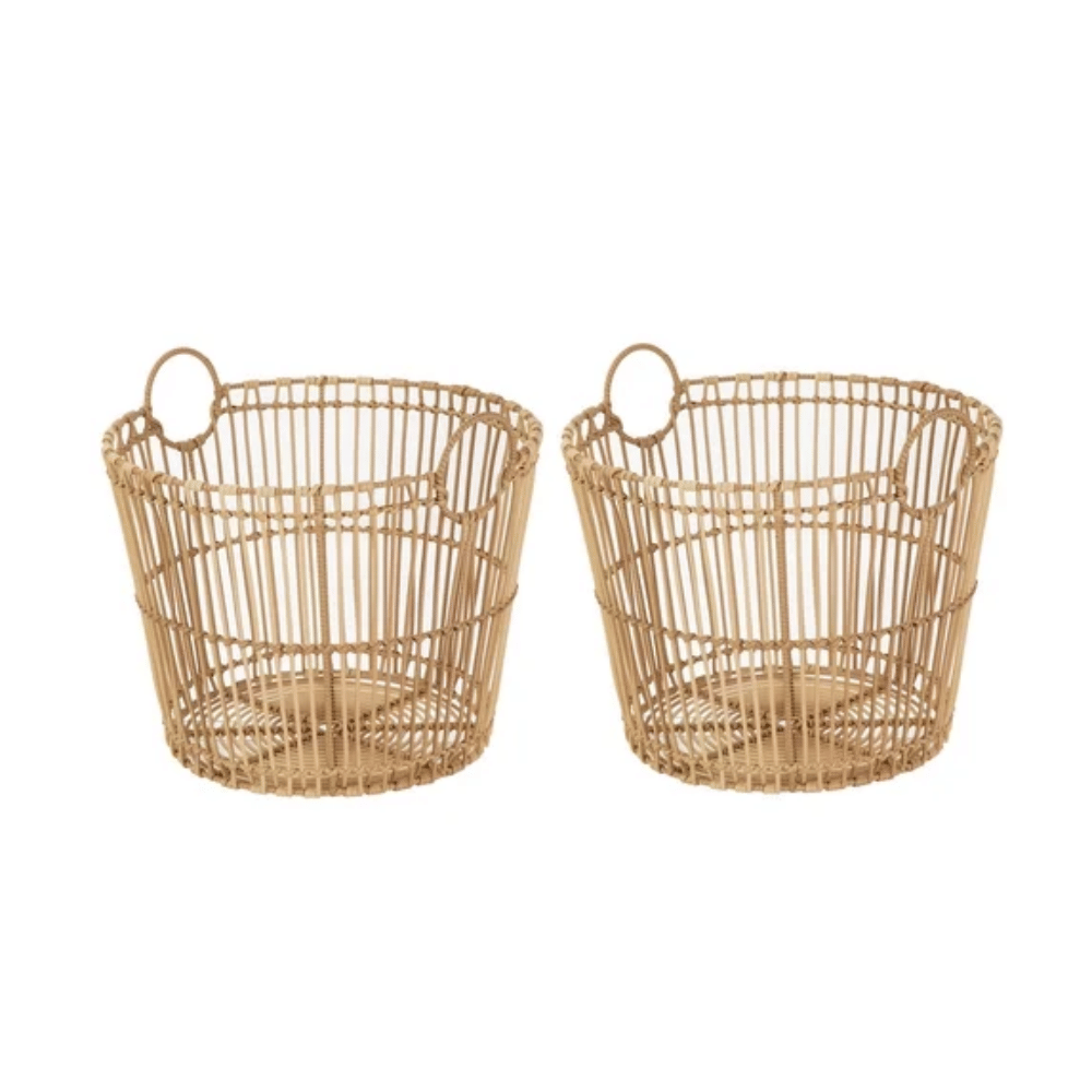 Large Light Natural Open Poly Rattan Storage Basket with Handles, 2 Pack
