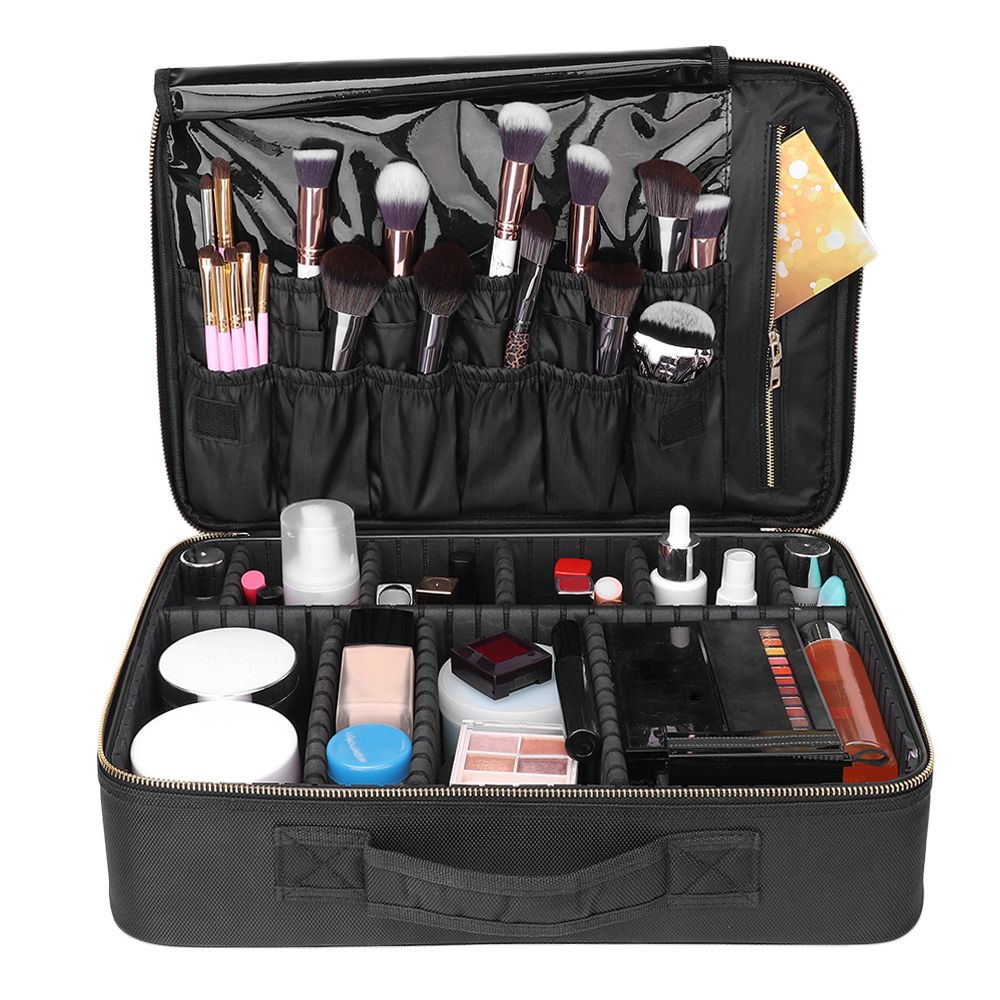 Large Makeup Bag  Professional Travel Cosmetic Bag Makeup Organizer Case 16 inches Portable Artist Storage Brush Box with Adjustable Dividers and Strap for Makeup Accessories Black YF