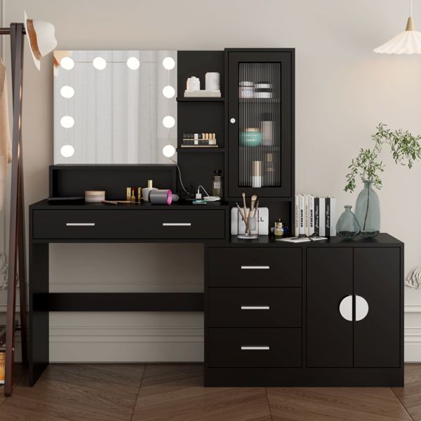 Large Makeup Vanity with Lights, Vanity Table with Charging Station, Vanity Desk with Mirror and 10 LED Light Bulbs, Makeup Table with Drawers and Storage Shelves and Cabinets, Black