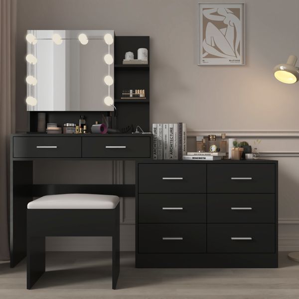 Large Makeup Vanity with Lights, Vanity Table with Charging Station, Vanity Desk with Mirror and 10 LED Light Bulbs, Makeup Table with Drawers and Storage Shelves, Black