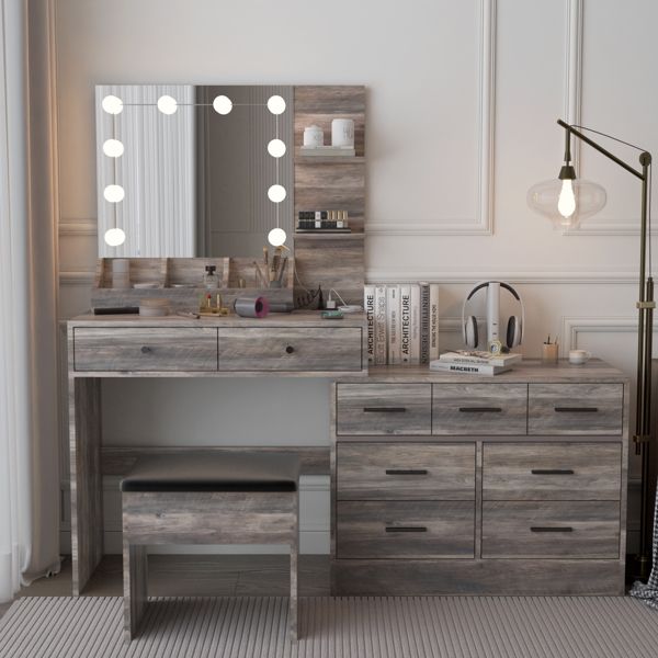 Large Makeup Vanity with Lights, Vanity Table with Charging Station, Vanity Desk with Mirror and 10 LED Light Bulbs, Makeup Table with Tabletop Compartments, Drawers and Storage Shelves, Gray