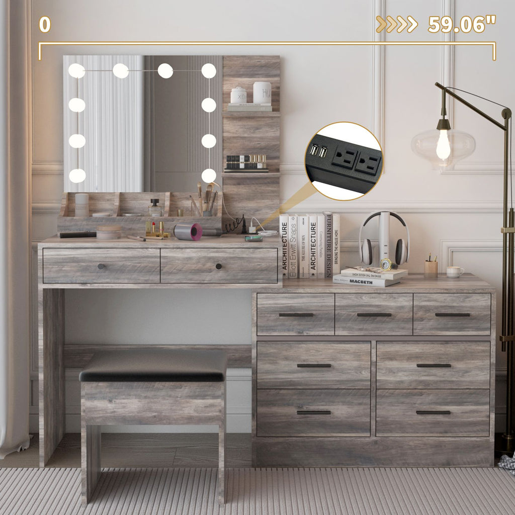 Large Makeup Vanity with Lights, Vanity Table with Charging Station, Vanity Desk with Mirror and 10 LED Light Bulbs, Makeup Table with Tabletop Compartments, Drawers and Storage Shelves, Gray