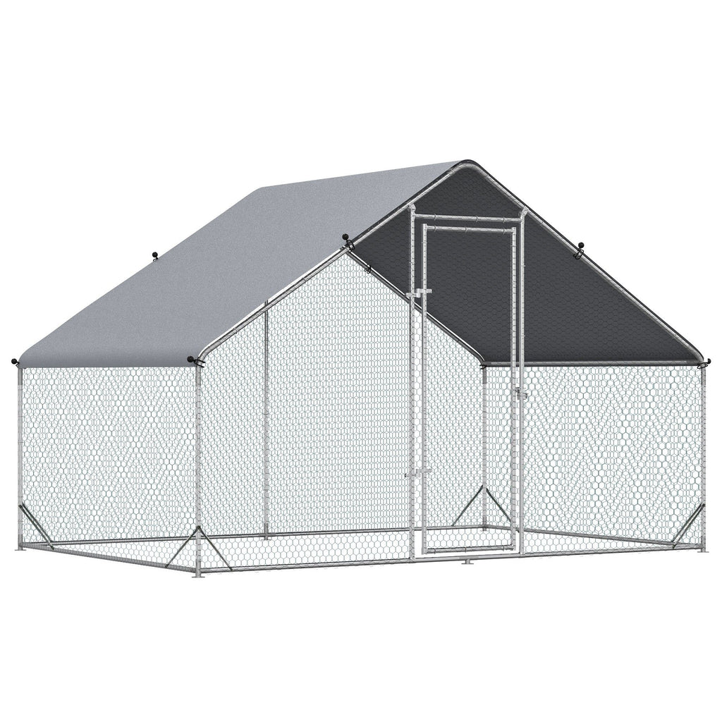 Large Metal Chicken Coop Walk-in Poultry Cage with Cover Lockable Door Outdoor Galvanized Silver