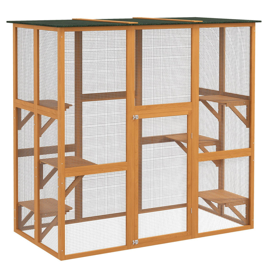 Large Outdoor Cat House, Wooden Feral Cat Shelter Enclosure, 71" L, with Interior Ledges & Asphalt Roof, Orange