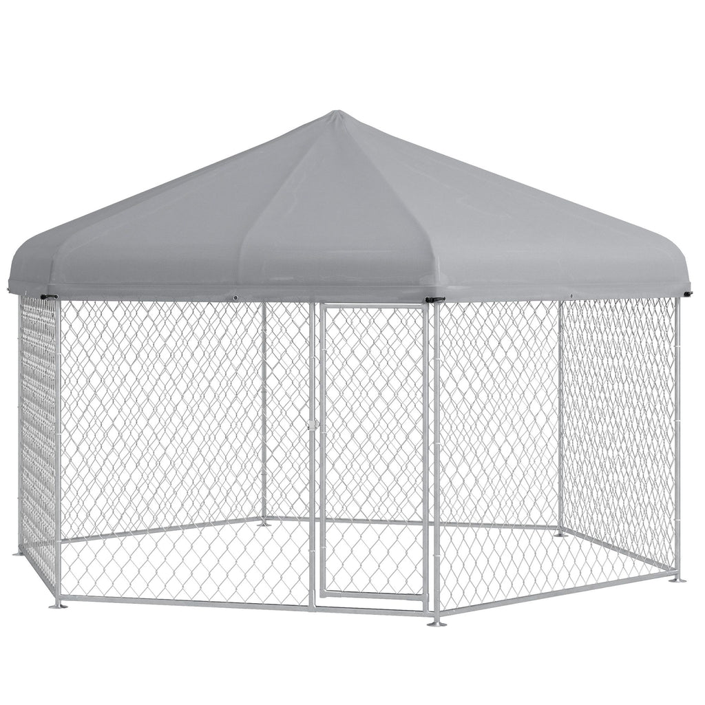 Large Outdoor Dog Kennel 13.4 x 11.5 ft Waterproof UV Resistant Roof Medium Large Dogs Silver