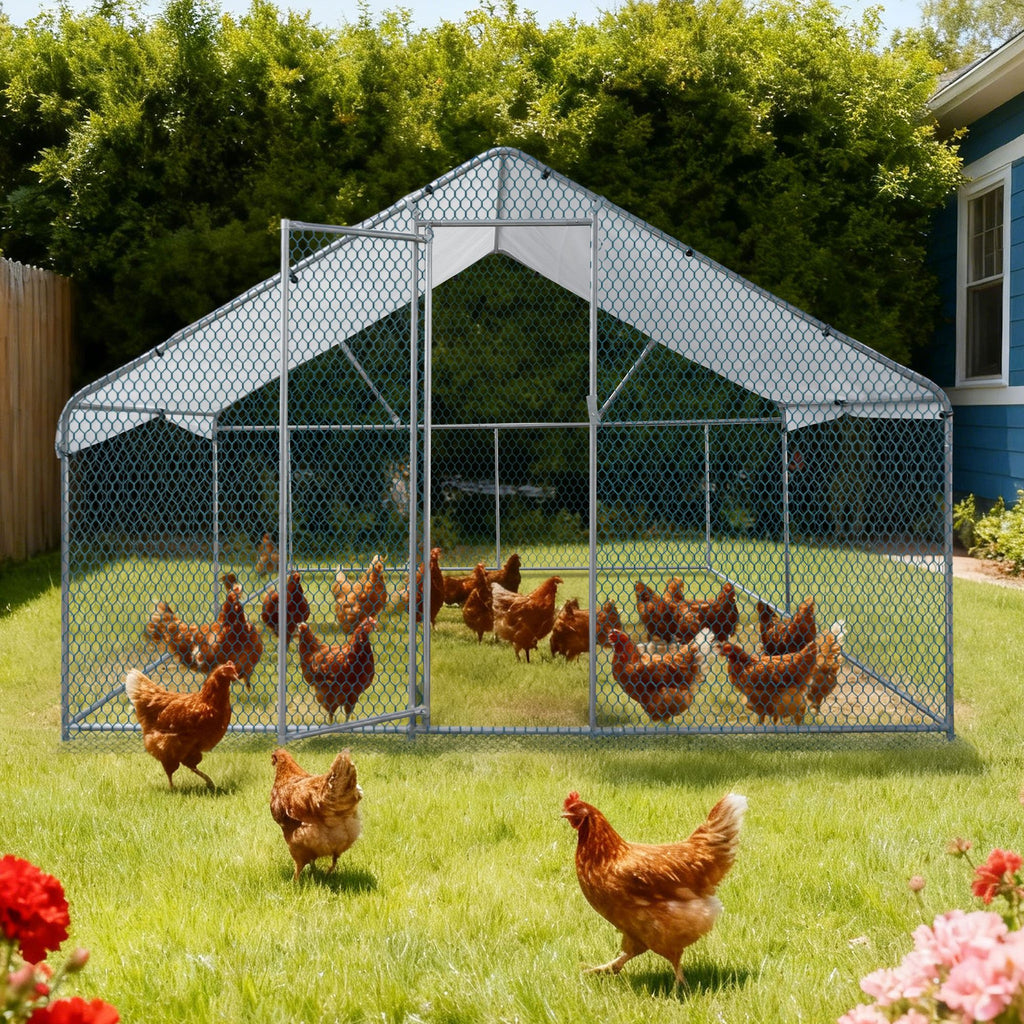 Large Peak Walk-in Chicken Coop, Heavy Duty Metal Chicken Run for Chickens with Waterproof and Anti-UV Cover, for Outdoor and Yard Farm Use, 9.8' x 6.5' x 6.5'